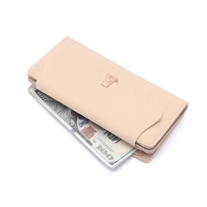 Beige PU leather long wallet with flower clasp and quilted texture for large capacity