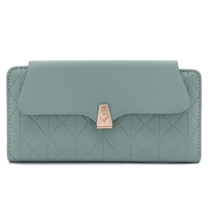 Elegant mint green long PU leather wallet featuring quilted texture and flower clasp