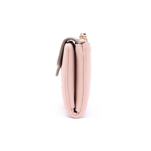 Detailed side view of a pink PU leather folding wallet showing layered card slots and zipper