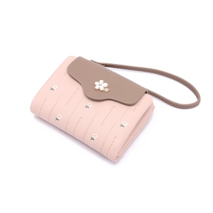 Three-fold short pink PU wallet with daisy hardware buckle and floral printing