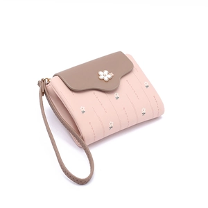 Fashionable floral PU leather short wallet with a pink and brown patchwork design