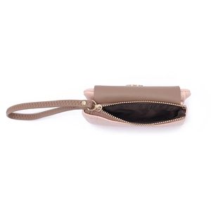 Pink and brown PU leather wallet interior view with smooth metal zipper and logo detail