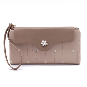 Detailed view of long bifold wallet with floral prints and metallic flower clasp