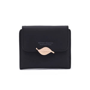 Close-up of black PU leather wallet featuring a gold leaf buckle and printed typography