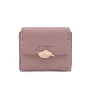 Pink PU leather short wallet for women featuring a rose gold leaf metal clasp detail
