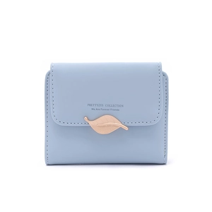 Close-up of light blue PU leather wallet with elegant gold leaf buckle and engraved text