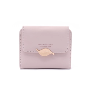 Detail of lavender PU leather wallet featuring a gold leaf clasp and fine stitching