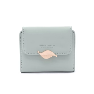 Close-up of mint green PU leather wallet featuring a rose gold leaf buckle and text