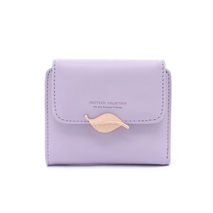 Close-up of lilac PU leather wallet featuring a decorative gold leaf buckle and fine stitching