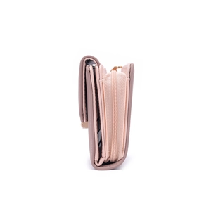Side view of pink PU leather wallet showing zipper coin pocket and leaf buckle detail