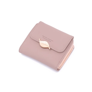 Close-up of pink PU leather wallet featuring a gold leaf clasp and accordion structure