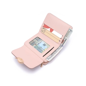 Pink PU leather bifold wallet featuring leaf clasp and multiple card slots on white background