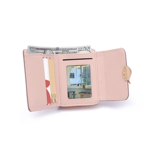 Pink PU leather tri-fold wallet interior featuring multiple card slots and clear ID window