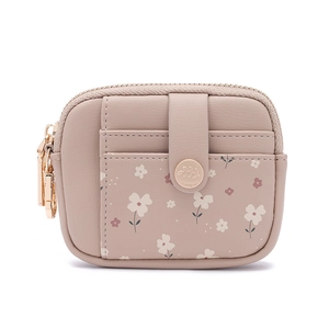 Close-up of minimalist floral small wallet with snap closure and side lobster clasp