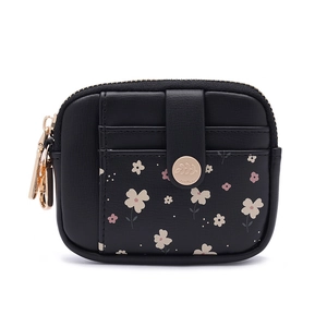 Detail of floral mini wallet featuring card slots and leaf logo metal buckle