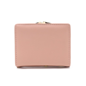 Pink PU leather short wallet with gold metal clasp and floral print for women