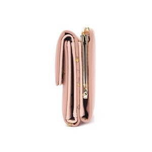 Side view detail of pink PU leather tri-fold wallet showing metal clip and printed lining