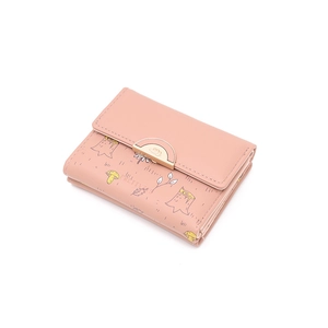 Detail of a pink PU leather mini wallet with forest mushroom print and metal buckle