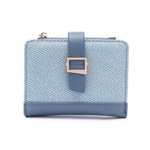 Blauwe denim en PU lederen bifold portemonnee met gouden gesp en ritssluiting