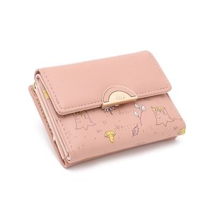 Pink PU leather tri-fold wallet with forest print and metal buckle from a 45-degree angle