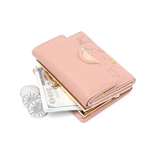 Pink PU leather folding wallet with mushroom print, zip coin pocket and large capacity