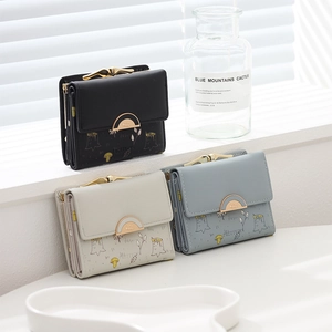 Three floral PU leather wallets in black, blue and beige with vintage metal clasp closure