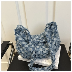 Borsa A Spalla In Denim A Scacchi Con Frange Grande Capacità Borsa Hobo Donna Stile Streetwear Casual
