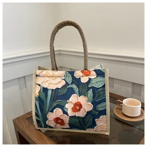 Retro linen tote bag with pink oil painting flower embroidery on dark blue fabric