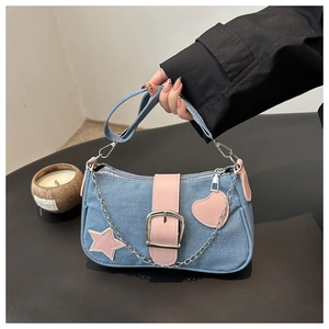 Borsa Sottoascellare in Denim Y2K Donna con Patch Stella Cuore Rosa Catena in Metallo Stile Dolce Cool Vintage