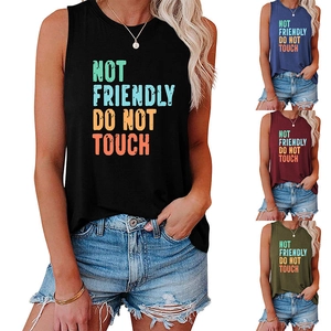 Detail view of NOT FRIENDLY DO NOT TOUCH letter print on sleeveless cotton tank tops