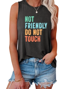 Close-up of Not Friendly tank top in dark grey with artistic typography print
