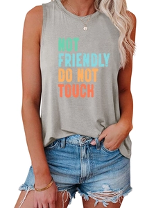 Detail of grey sleeveless vest with colorful NOT FRIENDLY DO NOT TOUCH print and seams