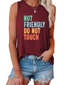 Detail of burgundy sleeveless tank top with colorful Not Friendly Do Not Touch print