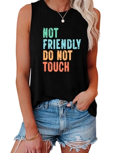 Detail of Not Friendly print on a black sleeveless tank top with distressed lettering