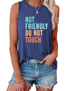 Detail of navy blue sleeveless vest with Not Friendly Do Not Touch slogan print