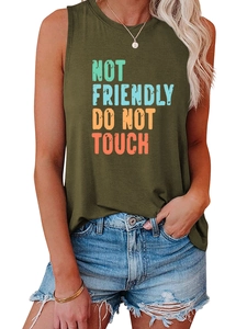Detail of army green sleeveless tank top with NOT FRIENDLY DO NOT TOUCH print