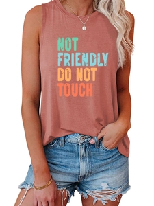 Detail of rust red tank top featuring colorful Not Friendly Do Not Touch print design