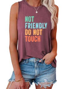 Detail of burgundy sleeveless tank top featuring vintage Not Friendly Do Not Touch print