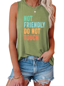 Close-up of NOT FRIENDLY DO NOT TOUCH letter print on green sleeveless tank top