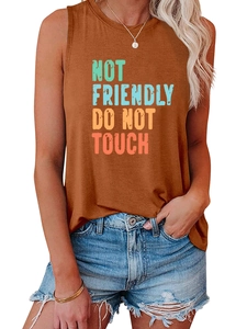 Detail of caramel sleeveless tank top with Not Friendly Do Not Touch vintage graphic text