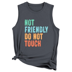 Detail of grey tank top with colorful Not Friendly print and knotted waist design