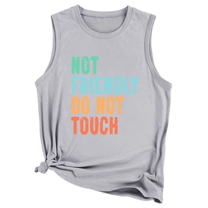 Detail of grey sleeveless tank top with vintage Not Friendly Do Not Touch print and hem knot