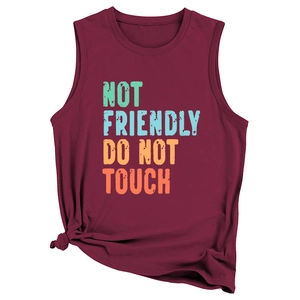 Detail of burgundy sleeveless tank top with Not Friendly Do Not Touch print and knot hem