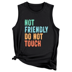 Detail of black muscle tank top with colorful Not Friendly Do Not Touch print and hem knot