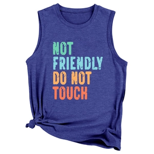 Detail of blue sleeveless vest featuring colorful vintage 'Not Friendly' slogan print