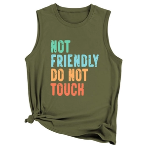 Detail of army green sleeveless top with Not Friendly Do Not Touch print and hem knot