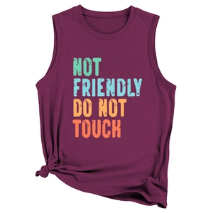 Detail of burgundy tank top with Not Friendly Do Not Touch print and side knot