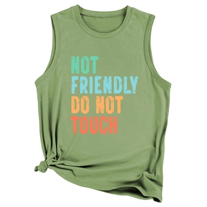 Detail of army green tank top with Not Friendly Do Not Touch print and side knot
