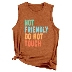 Rust red sleeveless top with knotted hem and Not Friendly Do Not Touch print