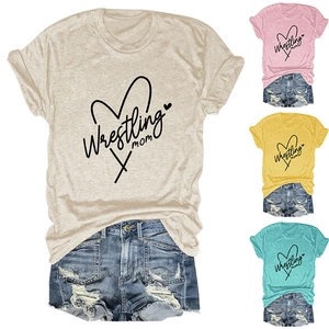 Detail of Wrestling Mom t-shirts showing multiple color options and ripped denim shorts